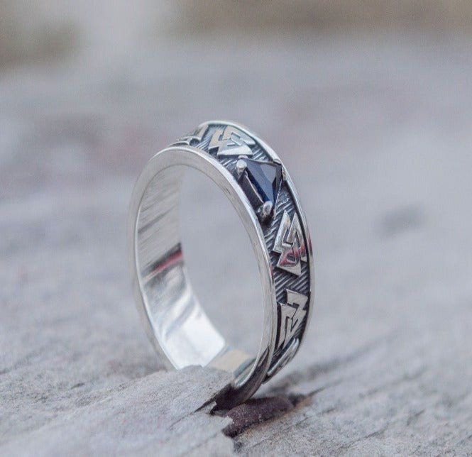 Sterling Silver Pirate Ring | Norse Valknut Symbol | Cubic Zirconia-Pirate Clothing Store