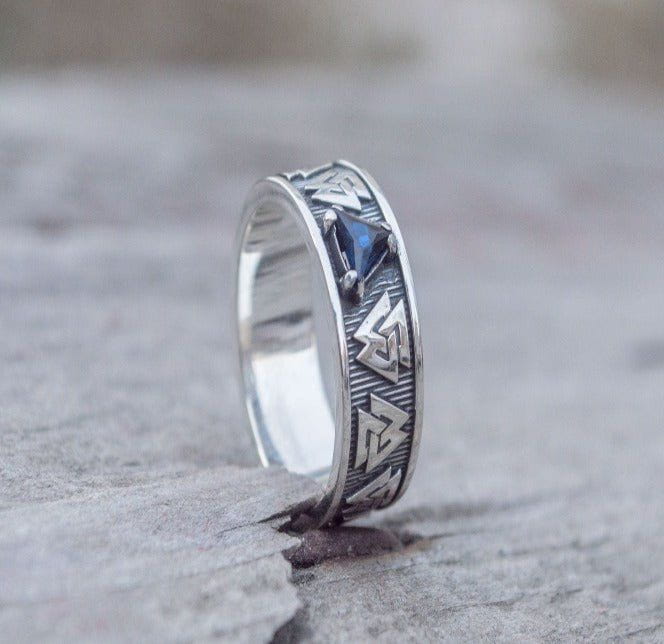Sterling Silver Pirate Ring | Norse Valknut Symbol | Cubic Zirconia-Pirate Clothing Store