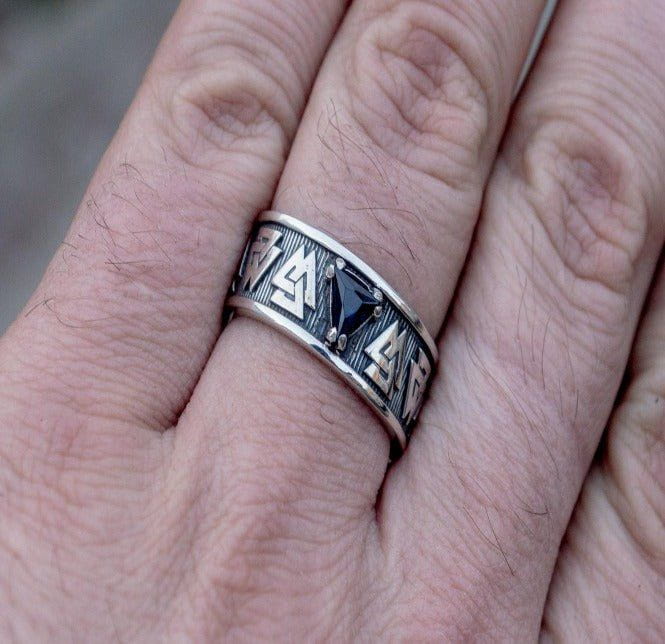 Sterling Silver Pirate Ring | Norse Valknut Symbol | Cubic Zirconia-Pirate Clothing Store