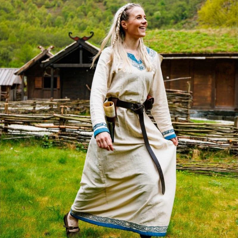 Natural Cotton Pirate Gown | Blue-Trimmed Buccaneer Dress-Pirate Clothing Store