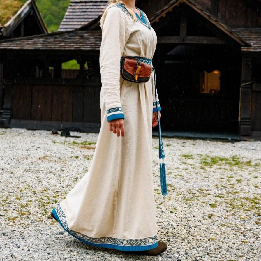 Natural Cotton Pirate Gown | Blue-Trimmed Buccaneer Dress-Pirate Clothing Store