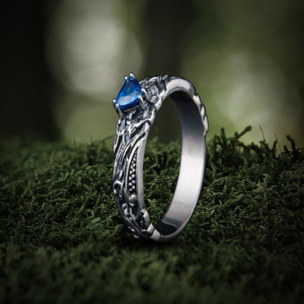 Sterling Silver Norse-Inspired Pirate Ring | Sapphire Stone-Pirate Clothing Store