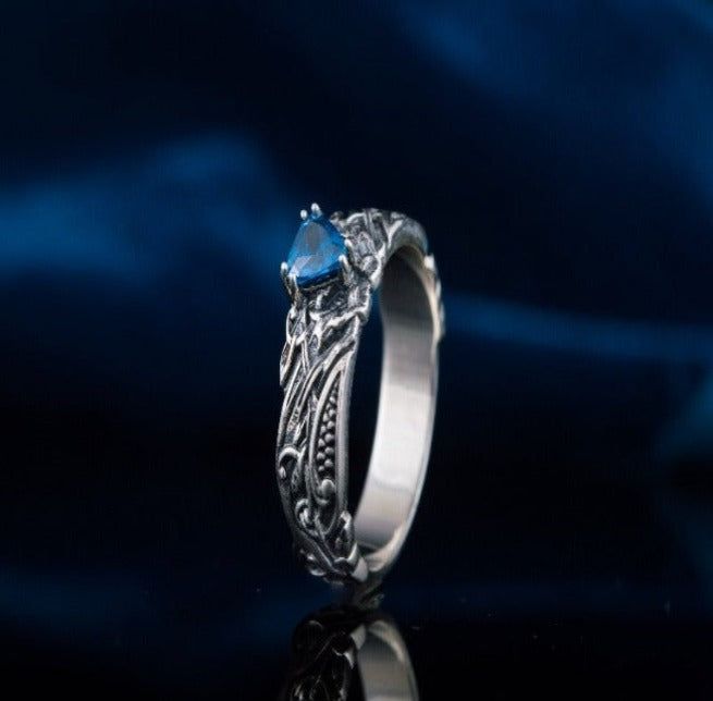 Sterling Silver Norse-Inspired Pirate Ring | Sapphire Stone-Pirate Clothing Store