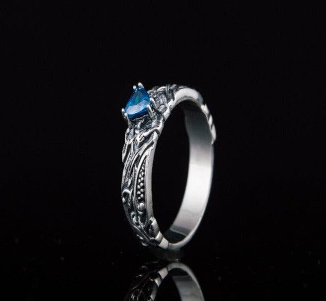 Sterling Silver Norse-Inspired Pirate Ring | Sapphire Stone-Pirate Clothing Store