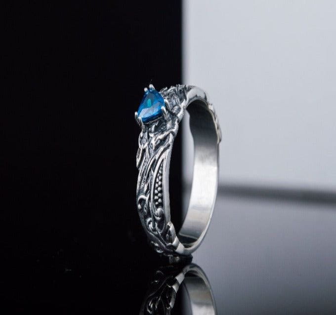 Sterling Silver Norse-Inspired Pirate Ring | Sapphire Stone-Pirate Clothing Store