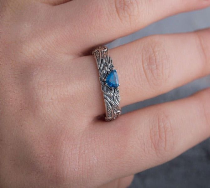 Sterling Silver Norse-Inspired Pirate Ring | Sapphire Stone-Pirate Clothing Store