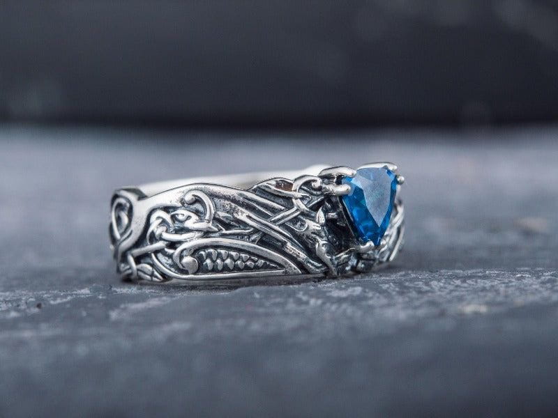 Sterling Silver Norse-Inspired Pirate Ring | Sapphire Stone-Pirate Clothing Store