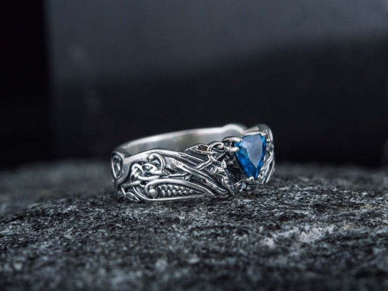 Sterling Silver Norse-Inspired Pirate Ring | Sapphire Stone-Pirate Clothing Store