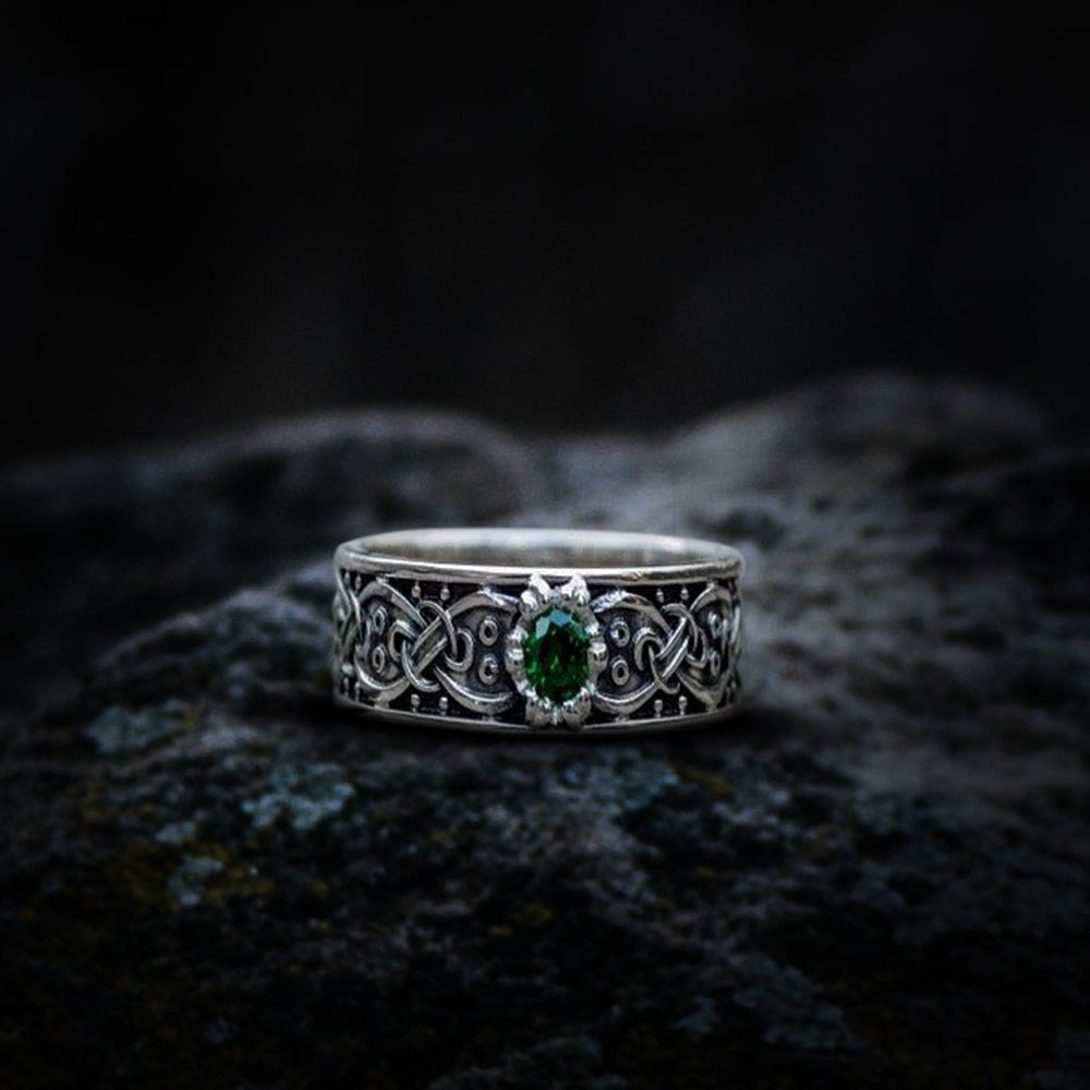 Sterling Silver Celtic Treasure Pirate Ring | Emerald Zirconia-Pirate Clothing Store