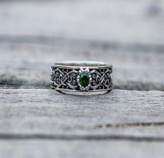 Sterling Silver Celtic Treasure Pirate Ring | Emerald Zirconia-Pirate Clothing Store