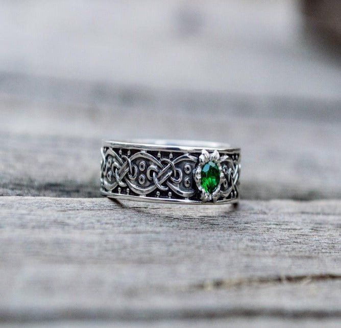 Sterling Silver Celtic Treasure Pirate Ring | Emerald Zirconia-Pirate Clothing Store