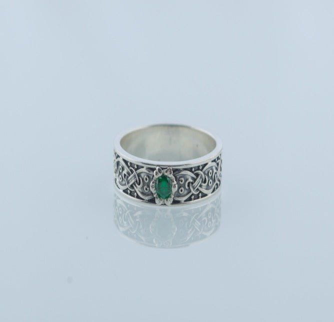 Sterling Silver Celtic Treasure Pirate Ring | Emerald Zirconia-Pirate Clothing Store
