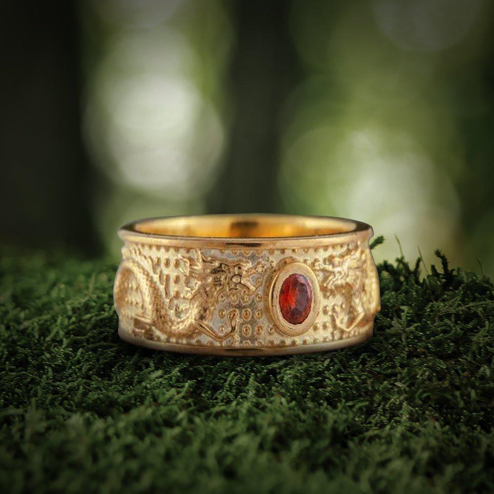 14K Gold Ring with Dragon and Red Cubic Zirconia Jewel-Pirate Clothing Store