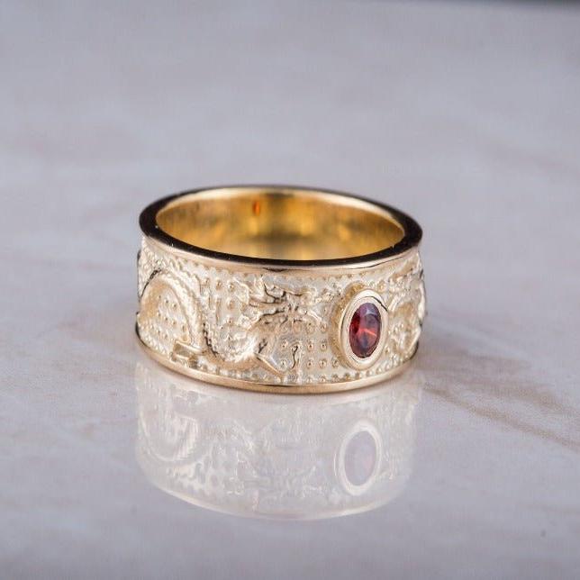 14K Gold Ring with Dragon and Red Cubic Zirconia Jewel-Pirate Clothing Store