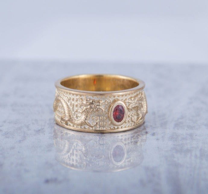 14K Gold Ring with Dragon and Red Cubic Zirconia Jewel-Pirate Clothing Store
