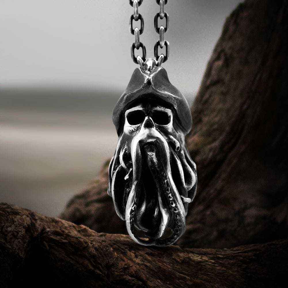Detailed stainless steel Pirate Captain Octopus pendant with tentacles and a hat on a chain.