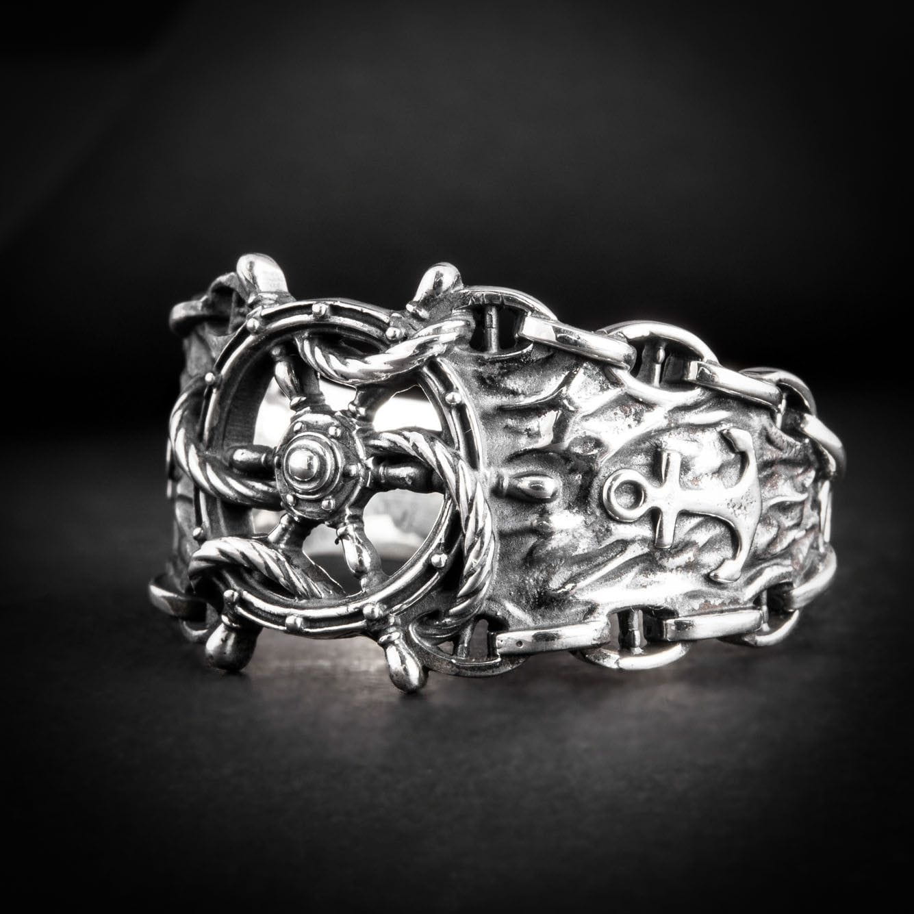 Ship's Wheel with Rope and Anchor Silver Ring-Pirate Clothing Store