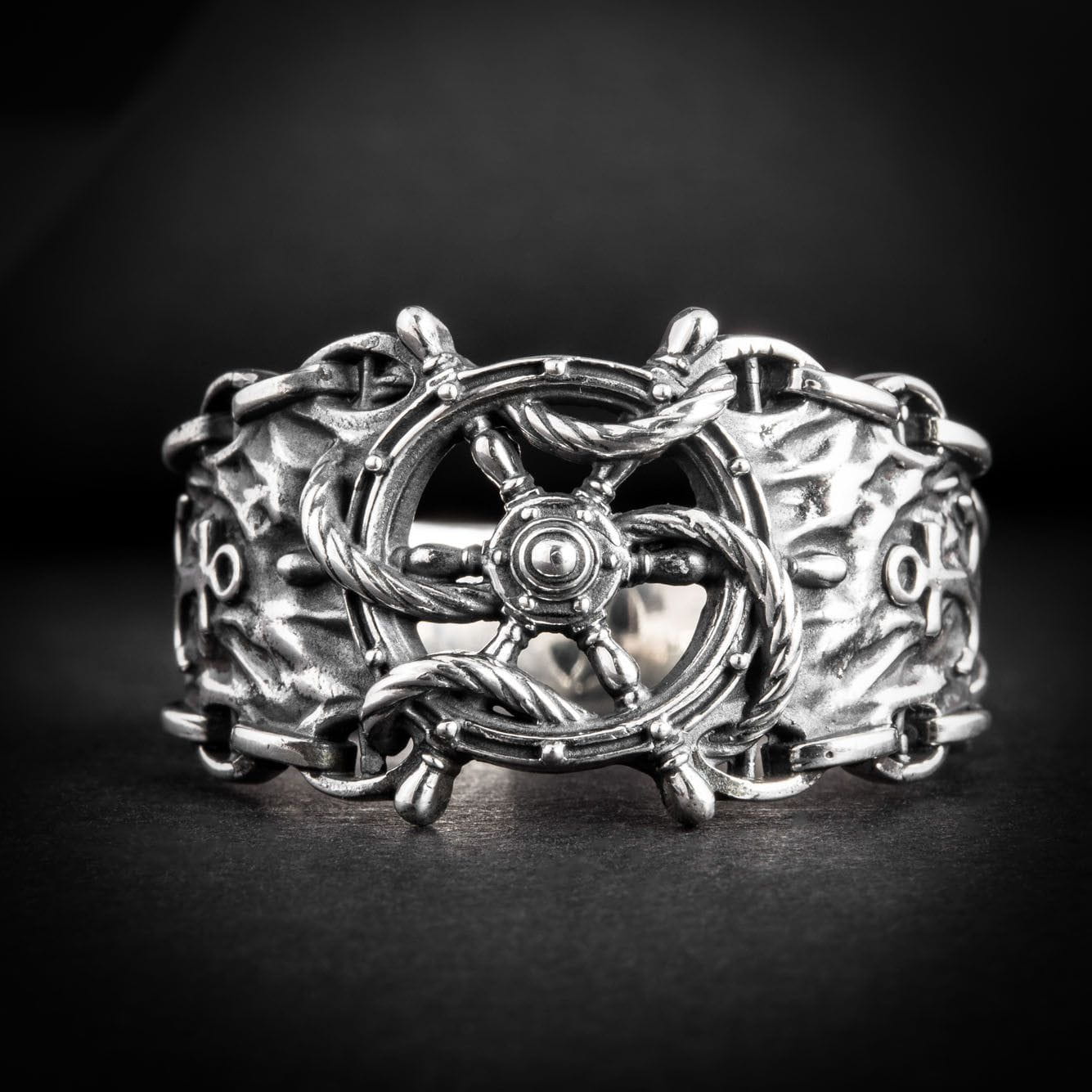 Ship's Wheel with Rope and Anchor Silver Ring-Pirate Clothing Store