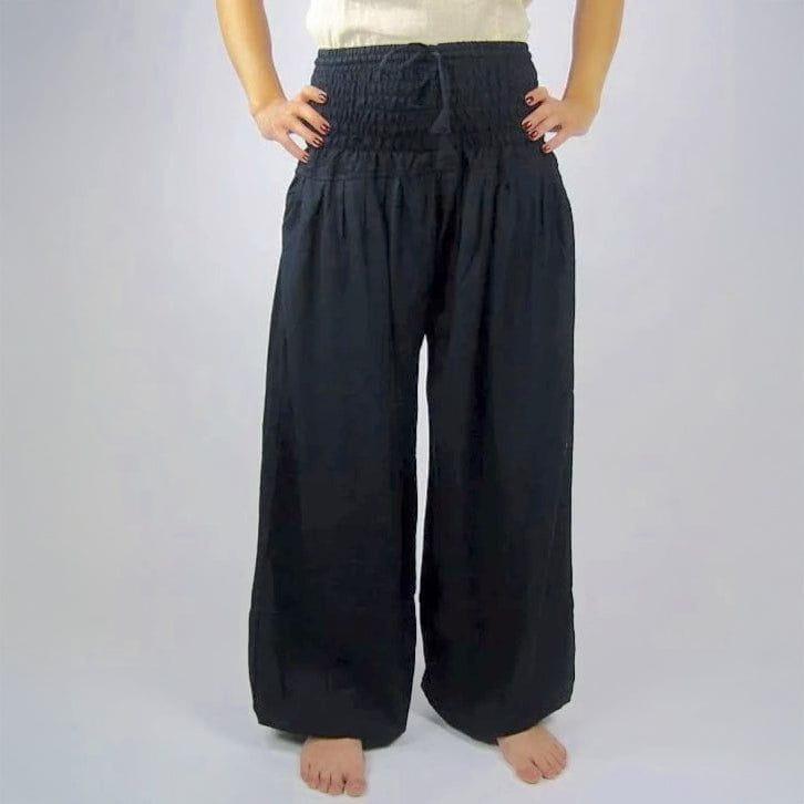 Black women's Pirate pants with a high elasticated drawstring waist, wide legs, and comfortable ankle cuffs.