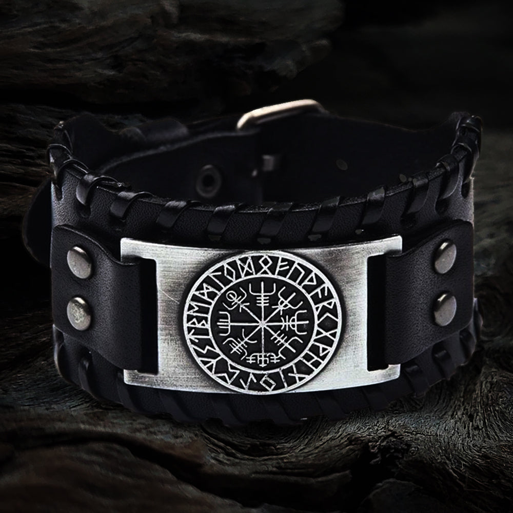 Wide Leather Ancient Compass Bracelet