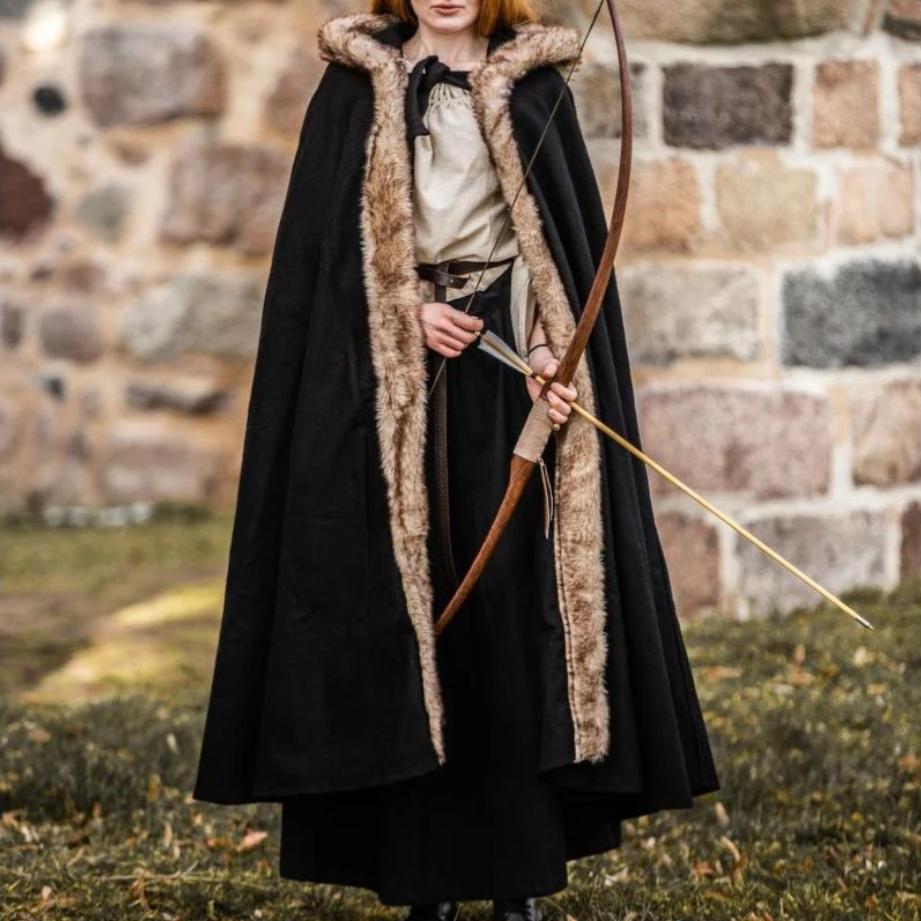 Black Pirate hooded wool cape with luxurious faux fur trim, worn by a person holding a bow.
