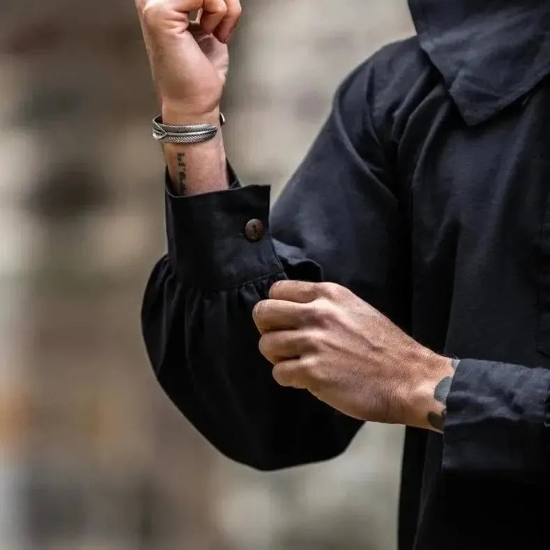 Black Pirate shirt with wide collar, laced front, and wooden button cuffs.