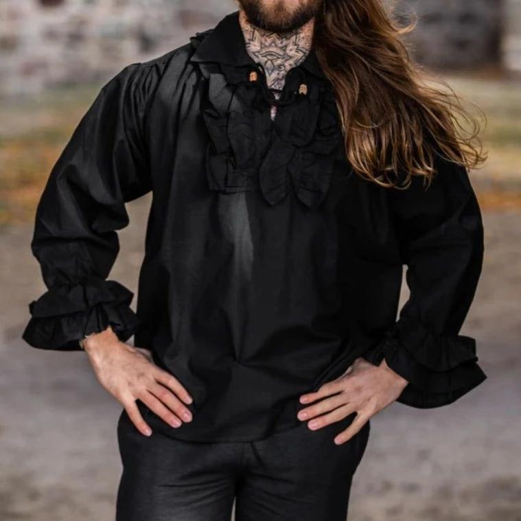 Black cotton Pirate shirt with ruffled neckline, lace-up front, and ruffled cuffs.