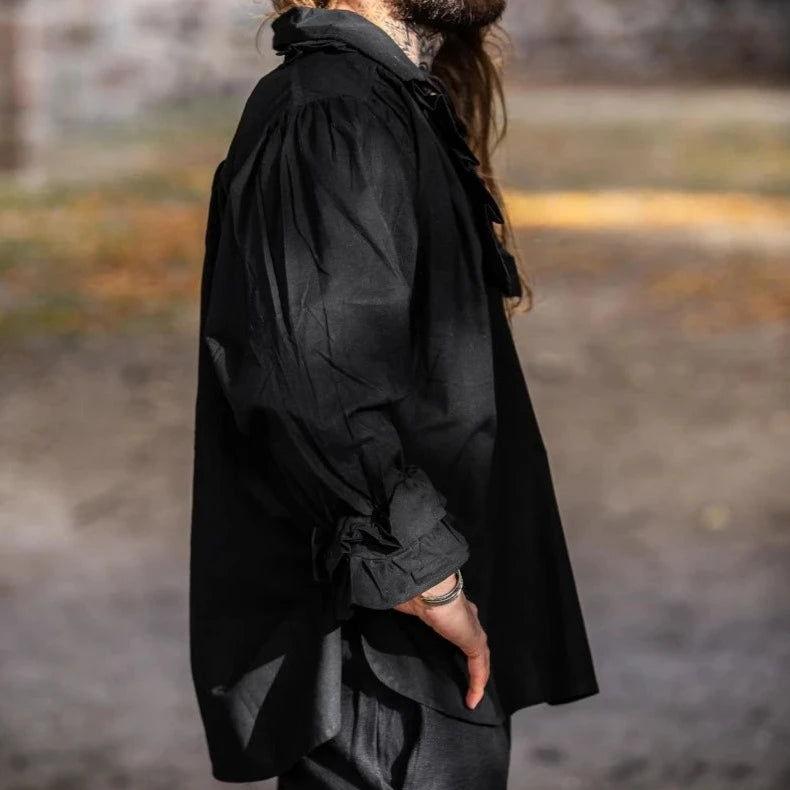 Black cotton Pirate shirt with ruffled neckline, lace-up front, and ruffled cuffs.