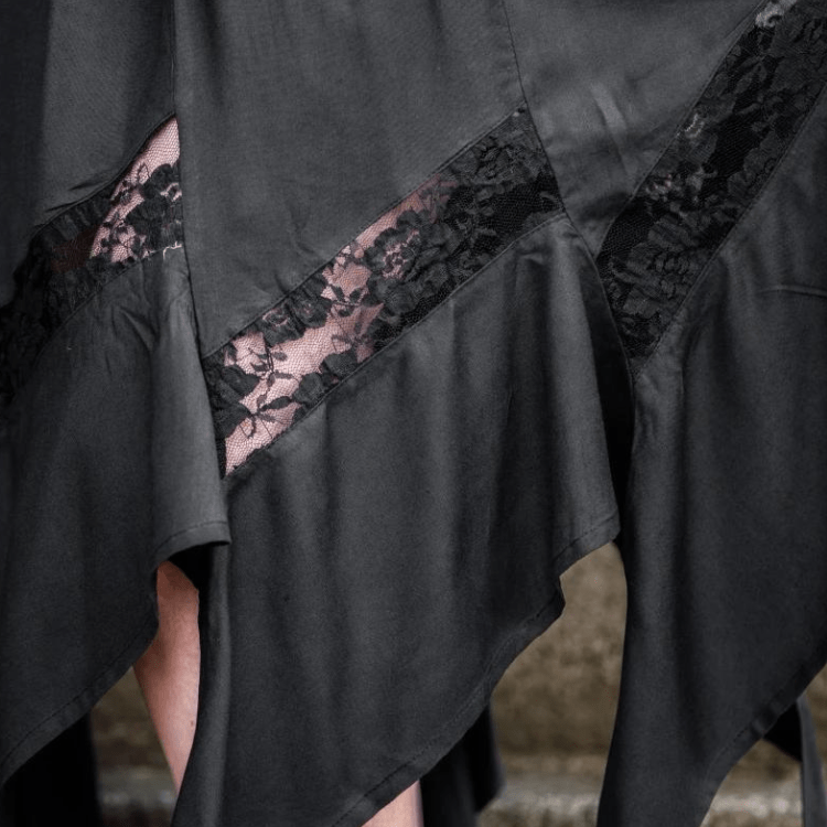 Black Pirate viscose skirt with elastic waistband and delicate lace panels at the flowing hem.