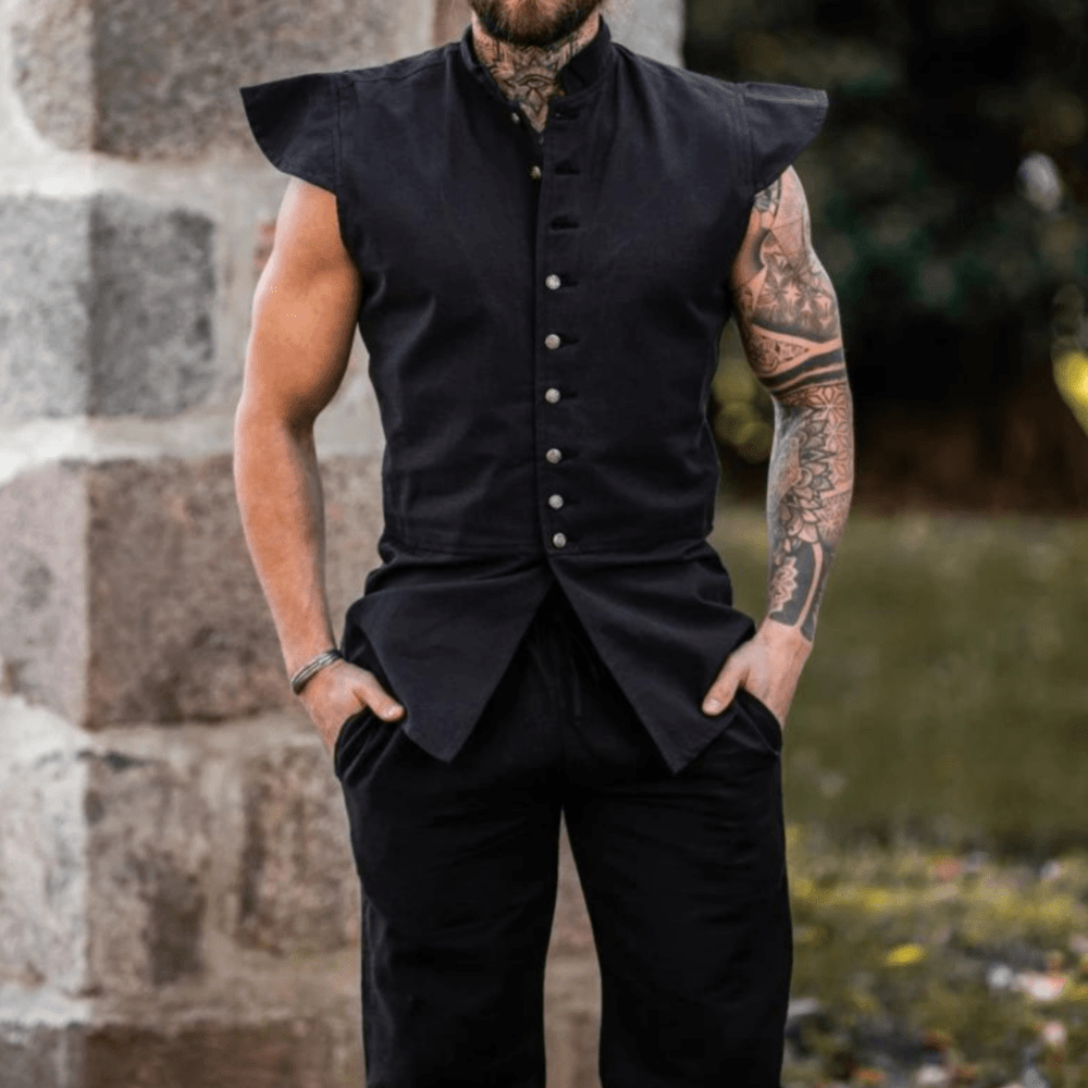 Black sleeveless cotton Pirate vest with metal buttons, worn by a man with tattoos.