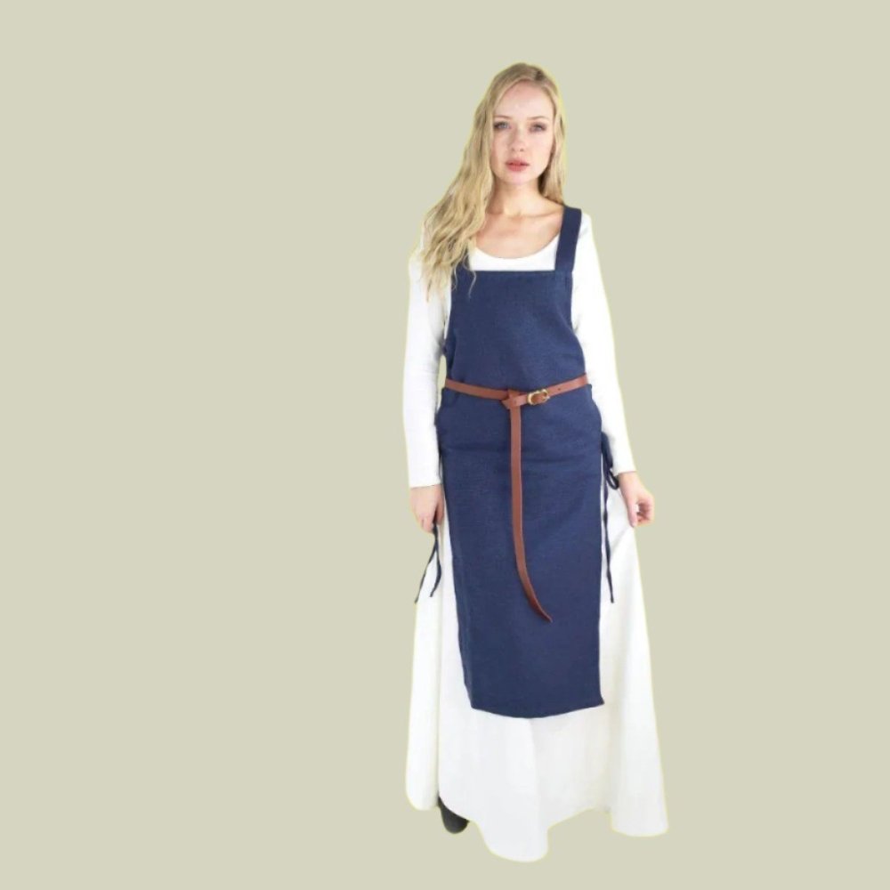 Blue cotton Pirate overdress with wide straps, side ties, and a brown belt over a white underdress.