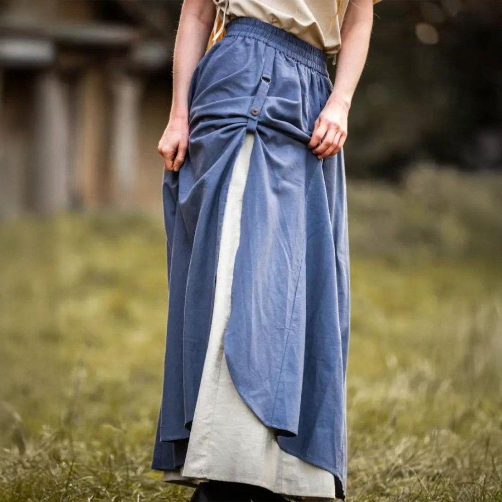 Blue and natural double-layer Pirate skirt with adjustable front loop, side slit, and elastic waistband.