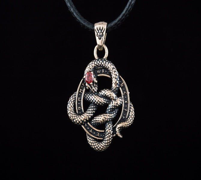 Bronze Snake Pirate Pendant | Red Cubic Zirconia & Runes-Pirate Clothing Store