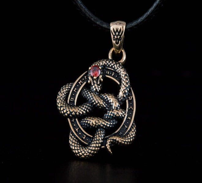 Bronze Snake Pirate Pendant | Red Cubic Zirconia & Runes-Pirate Clothing Store