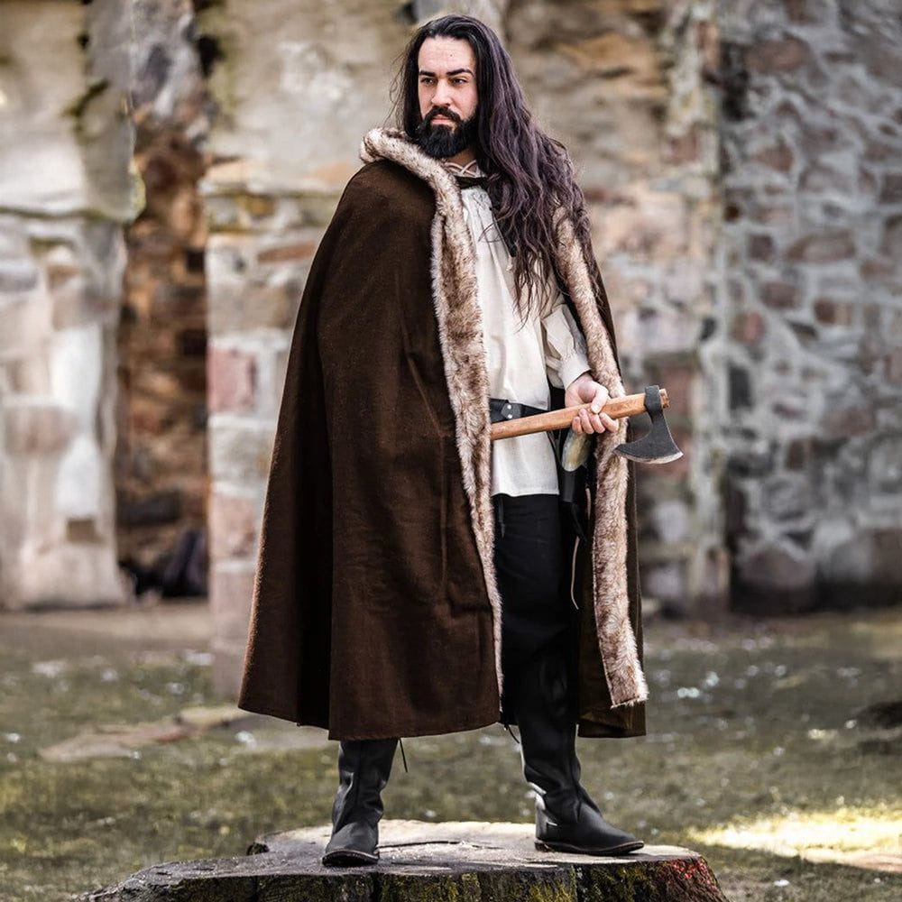 Brown hooded Pirate cape of heavyweight wool blend with luxurious faux fur trim, worn by a man holding an axe.
