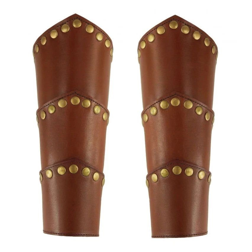 Pair of brown leather Pirate arm bracers with bronze rivets and adjustable lacing.