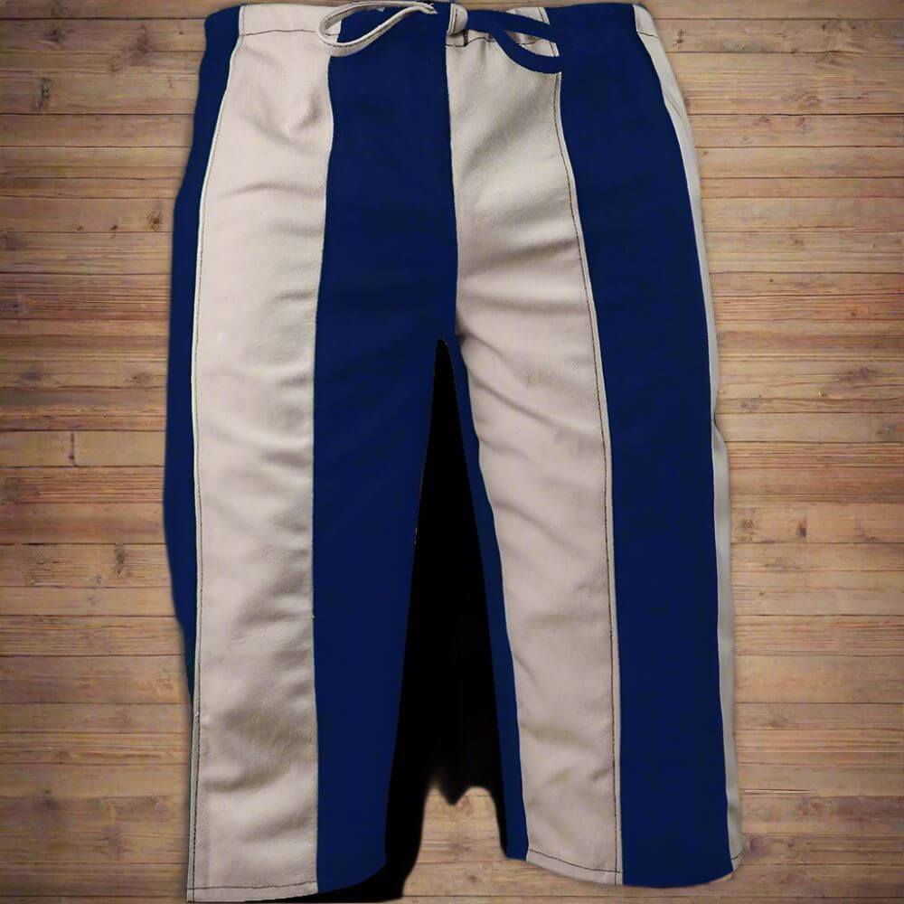 Knee-length Pirate pants with bold blue and white stripes, made from sturdy cotton canvas with tie strings.