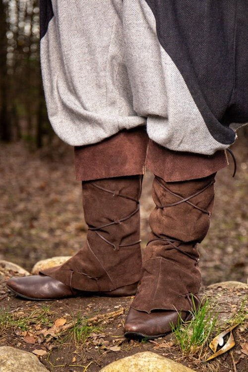 Brown suede Pirate gaiters with dual lacing, transforming shoes into knee-high Pirate boots.