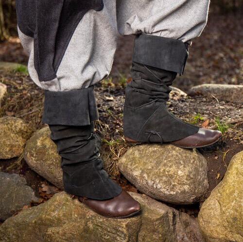 Black suede Pirate gaiters with dual lacing worn over brown shoes, transforming them into authentic pirate boots.