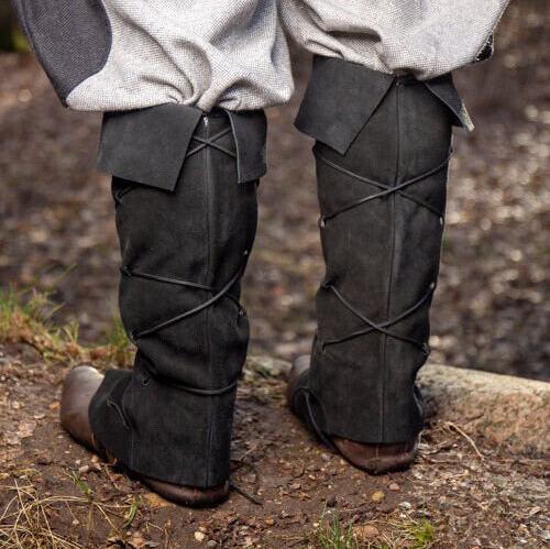 Black suede leather Pirate gaiters with dual lacing, converting shoes into authentic pirate boots.