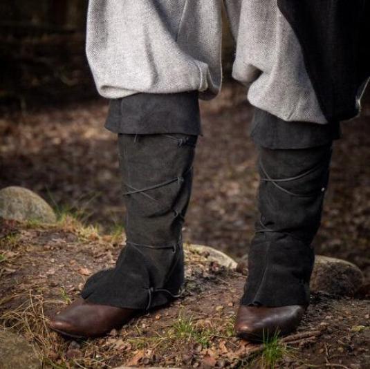 Black suede Pirate gaiters with dual lacing, transforming shoes into knee-high pirate boots.
