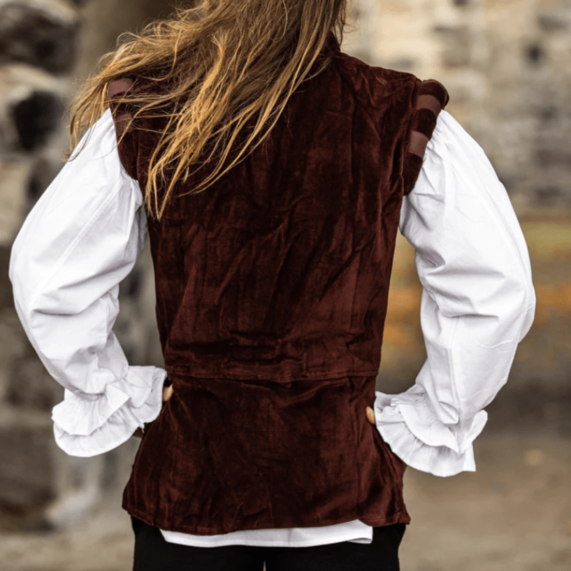 Dark Red Lined Velvet Pirate Vest with puffed shoulders over a white billowy shirt.