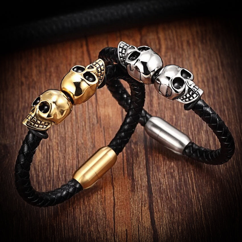Double Skull Braided Leather Bangle in Gold or Silver
