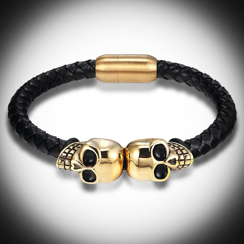 Double Skull Braided Leather Bangle in Gold Finish