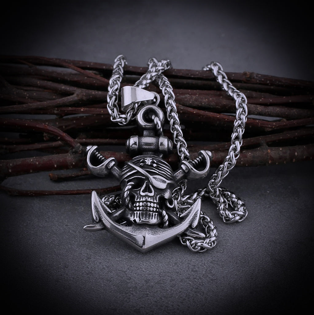 Double Sword Pirate Skull Necklace With Anchor