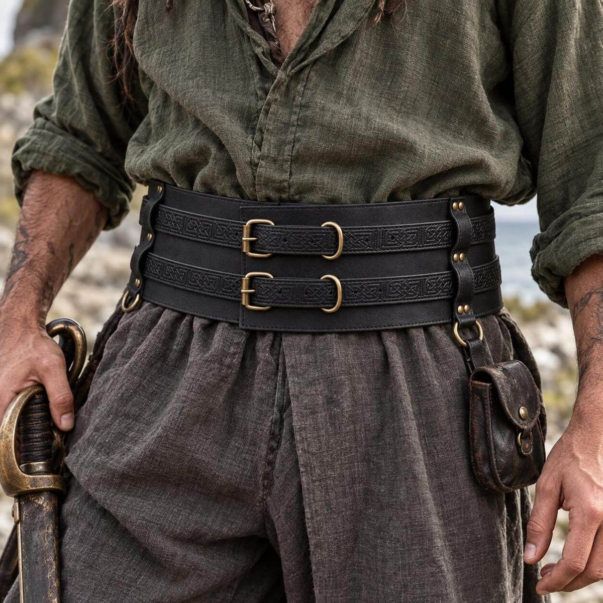 Black Thick Leather Pirate Black Belt | Unique Double Design