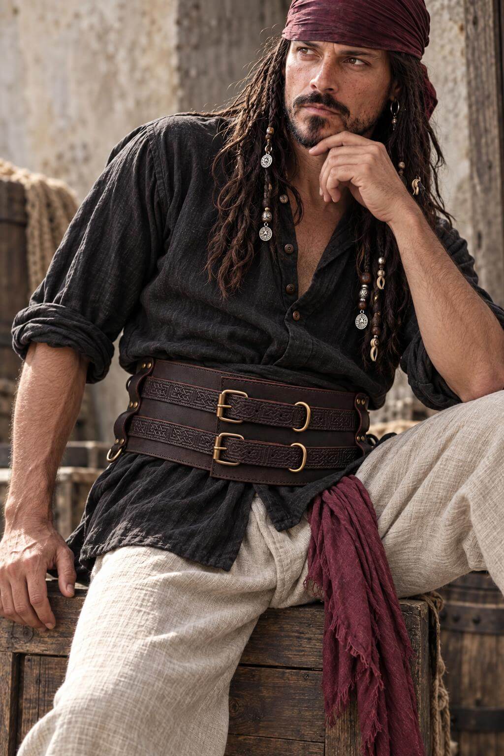 Brown Pirate Thick Leather Double Weapons Belt
