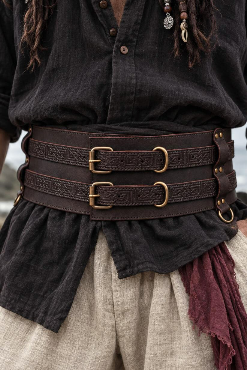 Brown Pirate Thick Leather Double Weapons Belt