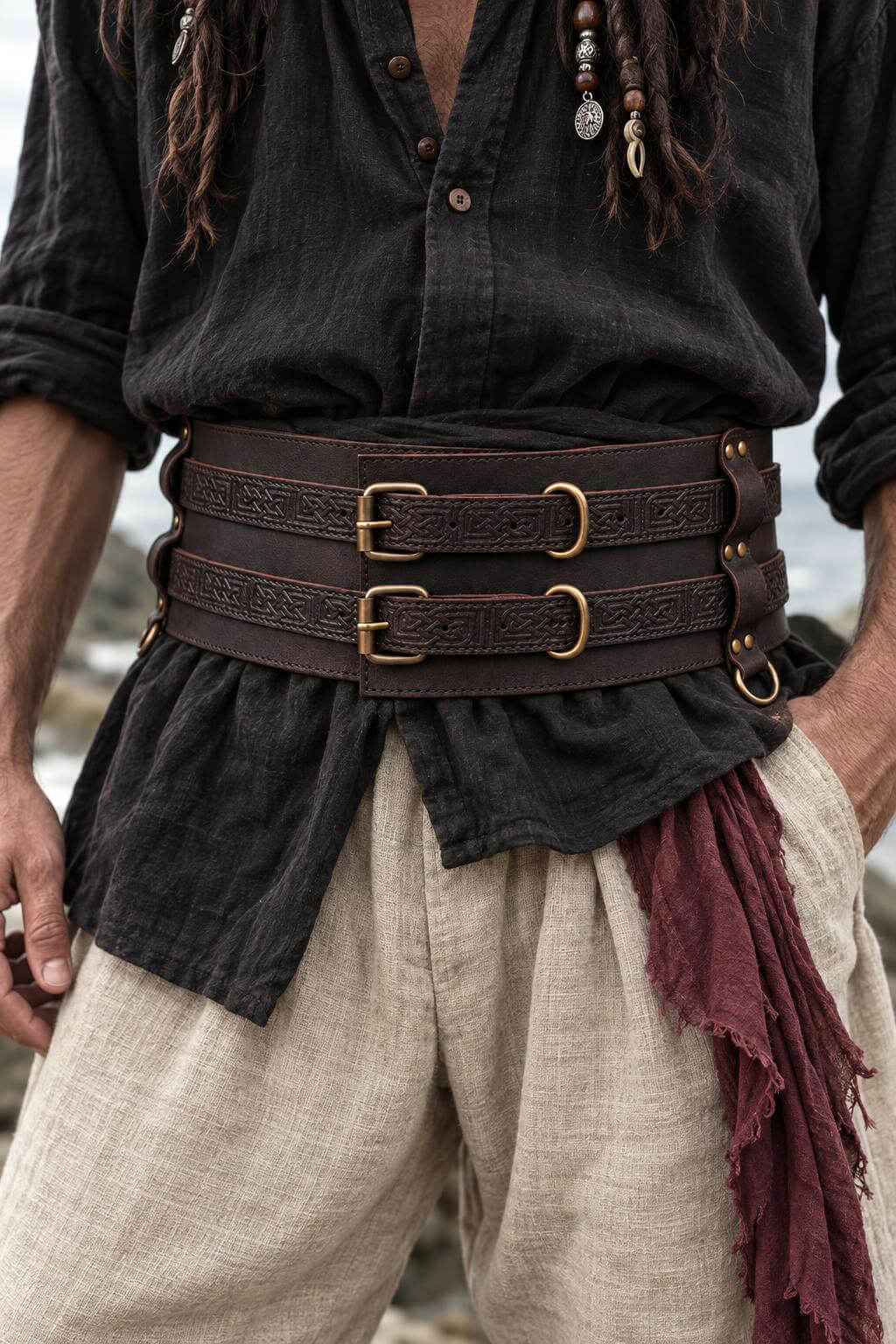 Brown Pirate Thick Leather Double Weapons Belt