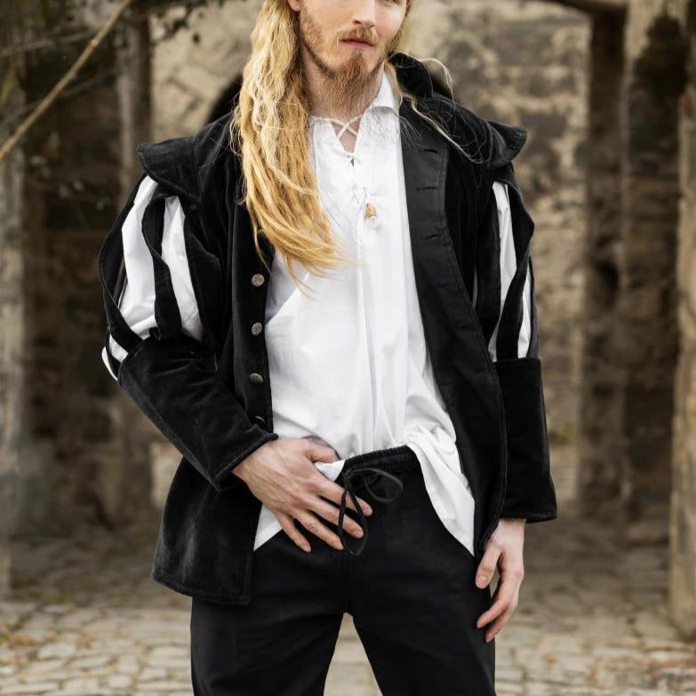 Black velvet Pirate jacket with dramatic white slit puff sleeves and wooden buttons.